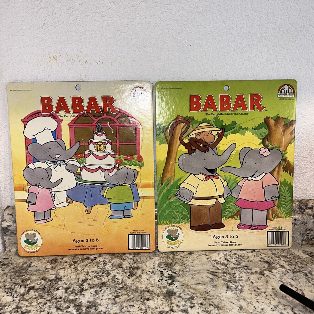 Random House Babar Elephant Wooden Cardboard Puzzle Lot Of 2 Complete